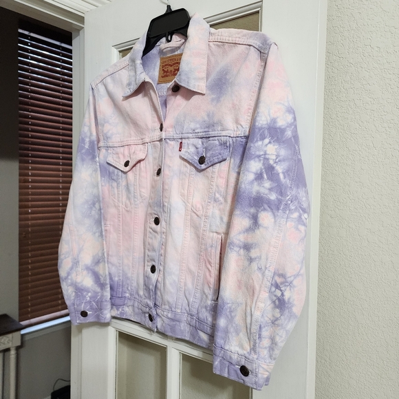 Levi’s Ex-Boyfriend Trucker Denim Jacket Pink & Purple Tie Dye Medium Retro - Picture 2 of 16